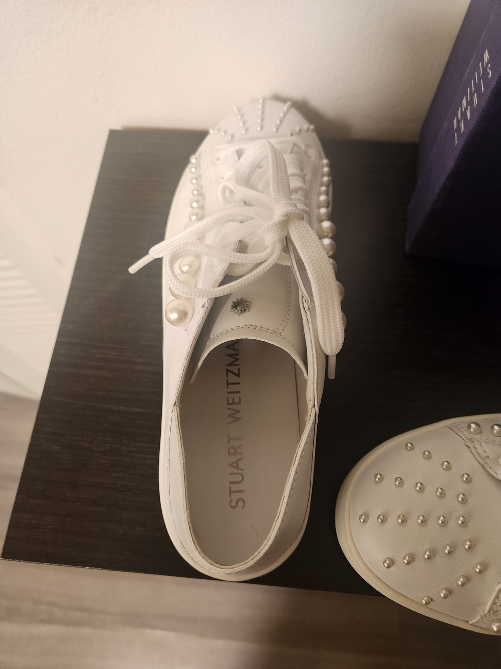Stuart Weitzman White Pearl-Embellished Leather Sneakers